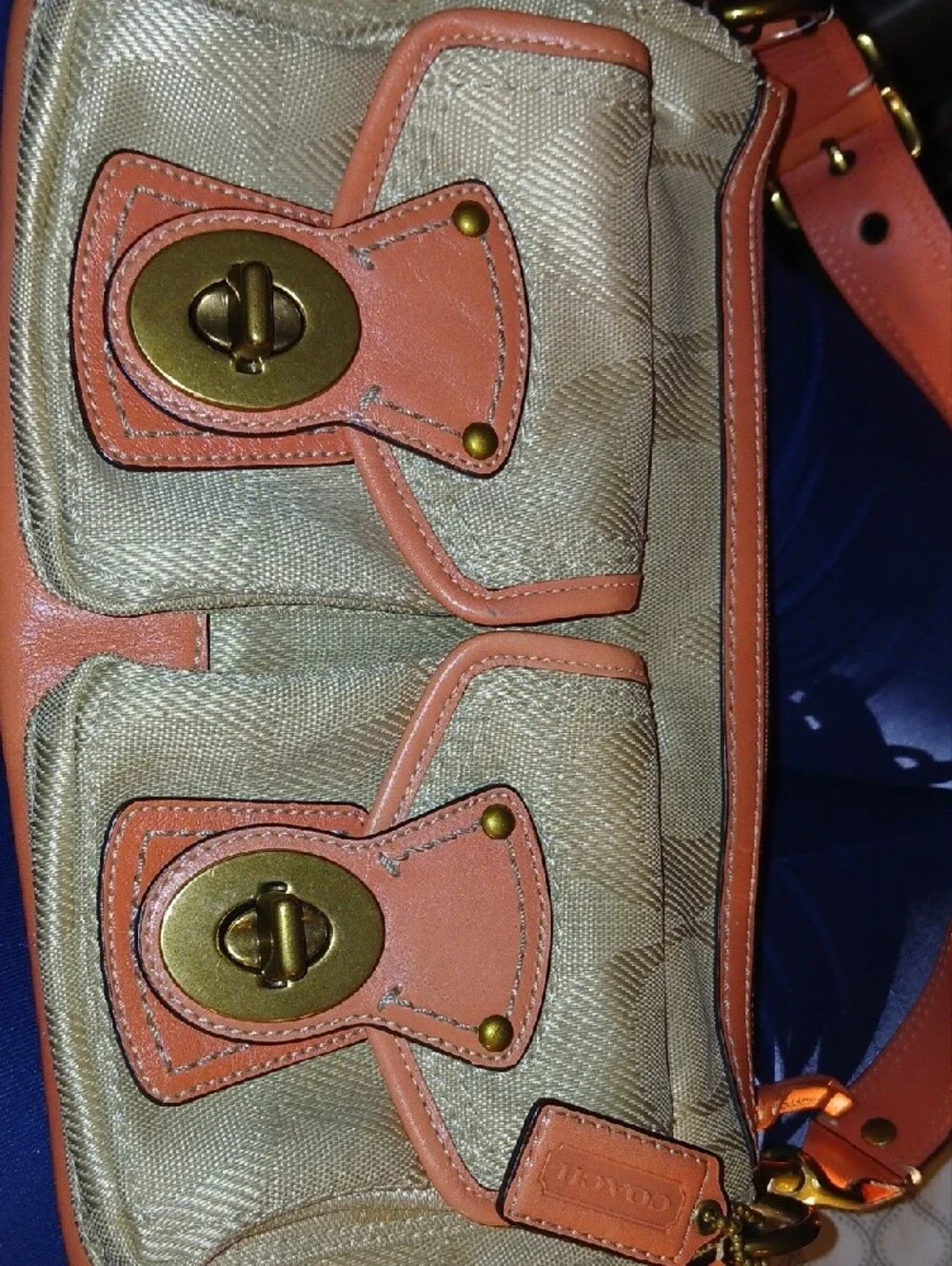 Coach Beige Canvas Shoulder Bag with Tan Leather Trim